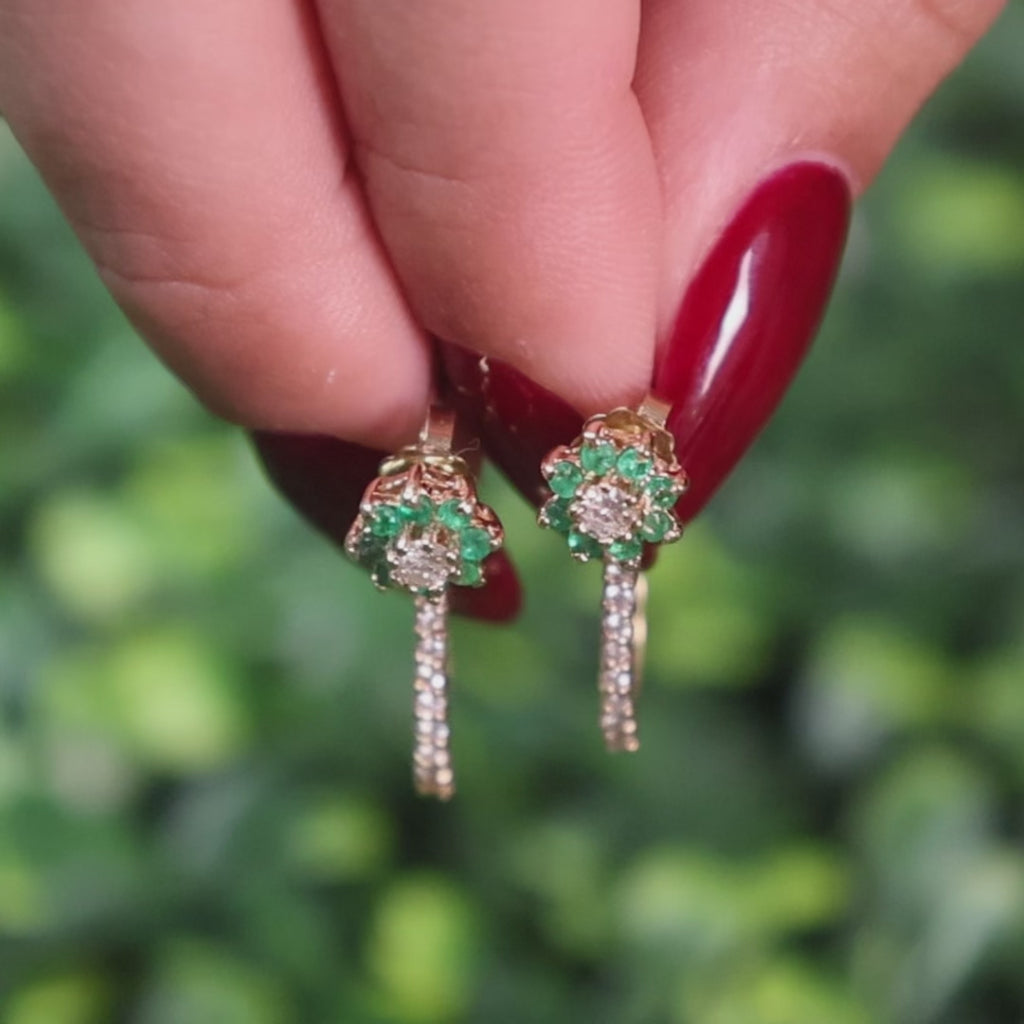Emerald Diamond Floral Stud Earrings With Diamond Attachment Yellow Gold 0.80"