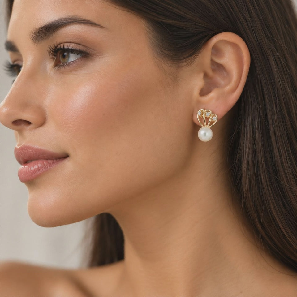 Akoya Pearl Diamond Stud Earrings 14K Yellow Gold 0.06 CTW 5.6 mm Estate