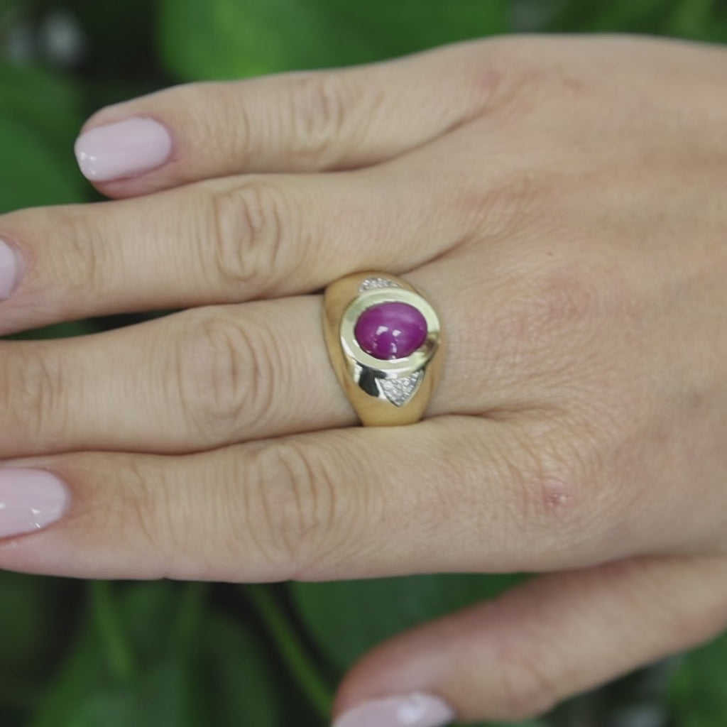 Estate Lab Star Ruby Diamond Ring 14K Yellow Gold Cabochon Size 9.25