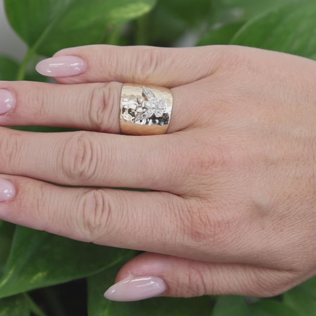 Natural Diamond Butterfly Wide Band Ring Two Tone Hammered Gold 0.20 CTW Size 6