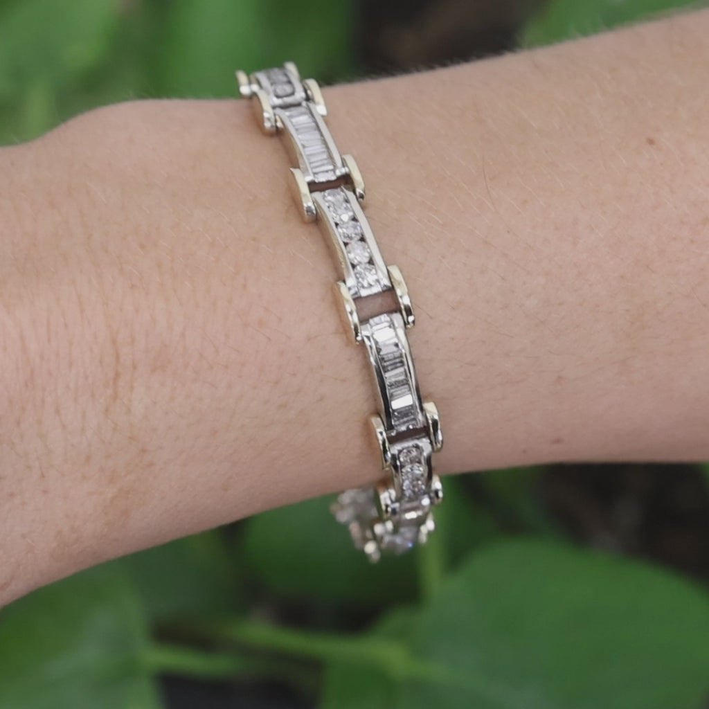 Natural Diamond Link Bracelet 14K Two-Tone Gold 4.00 CTW Round Baguette 7"