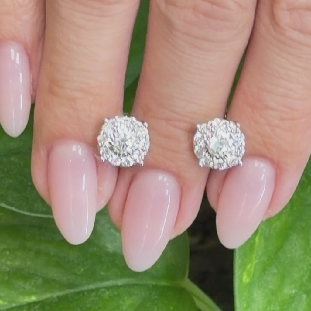 Natural Diamond Cluster Halo Stud Earrings 14K White Gold 1.00 CTW 9.2mm