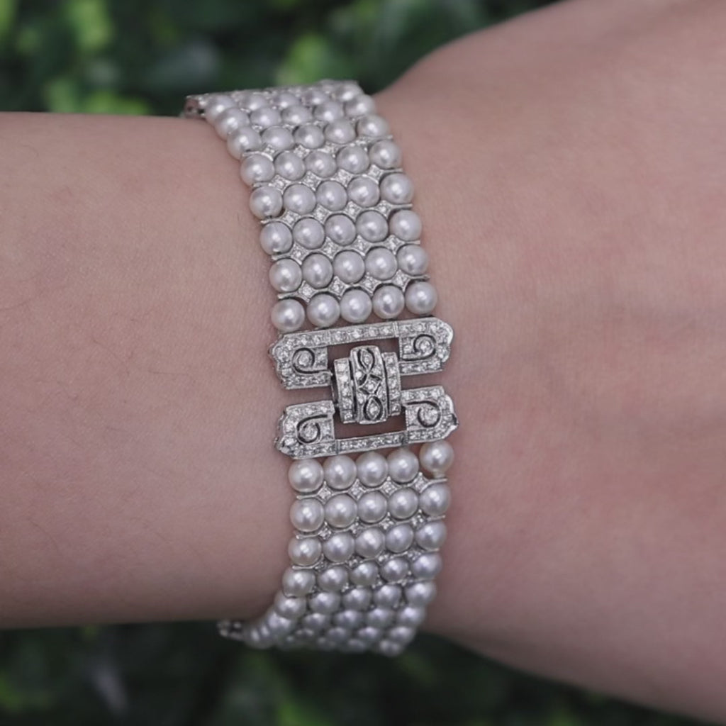 Vintage Multi-Row Cultured Pearl Diamond Bracelet White Gold 2.25 TW 7.25"