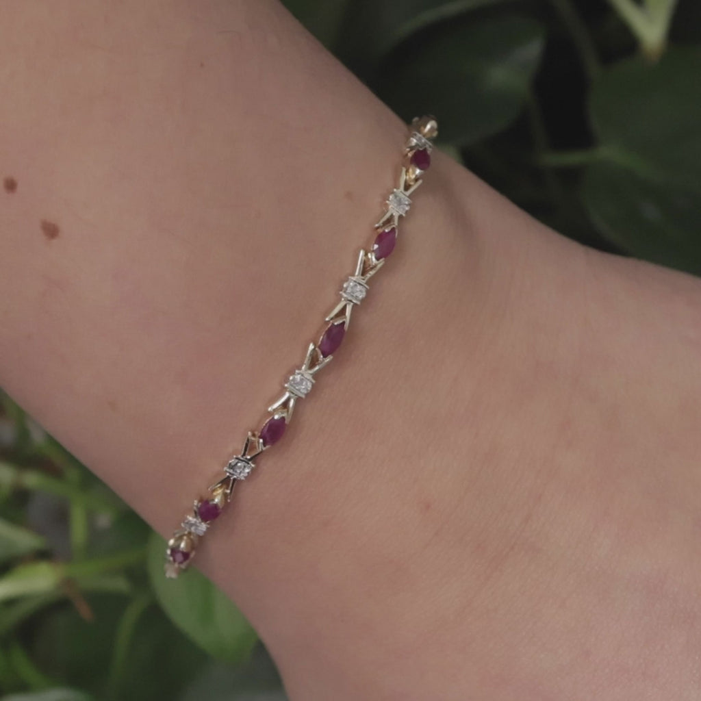 Ruby Diamond X Link Station Bracelet 14K Gold 1.67 CTW 7.25" Ladies Estate