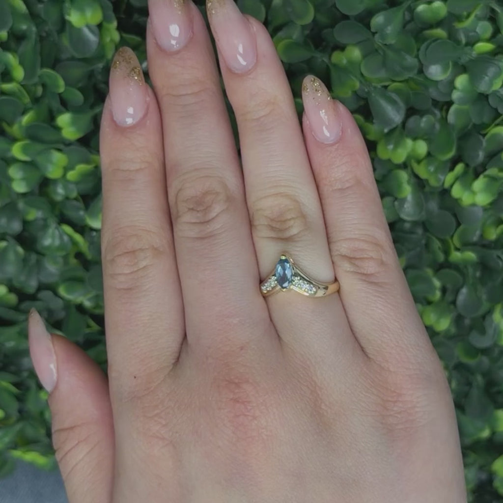 Blue Topaz Diamond Wishbone Ring 14K Yellow Gold 0.65 CTW Ladies Size 6.5 Estate