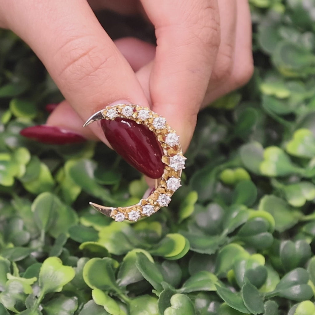 Vintage Diamond Crescent Moon Brooch Pin Yellow Gold 1.25 TW 1" Estate