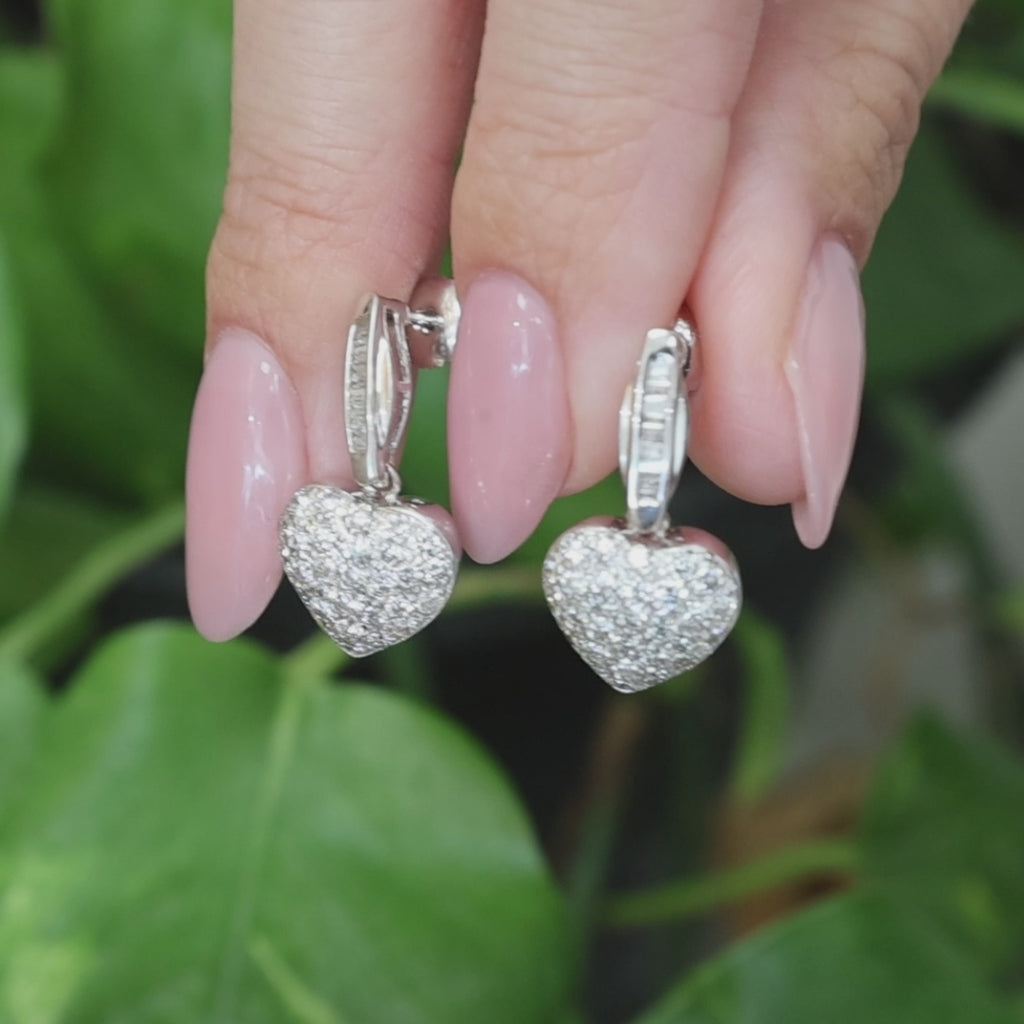 1.35CTW Diamond Heart Drop Dangle Earrings 14K White Gold Baguette Screw Backs