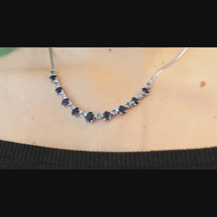 Estate Sapphire Topaz Diamond Necklace 14K White Gold 14.90 TW Oval Gems 16.75"