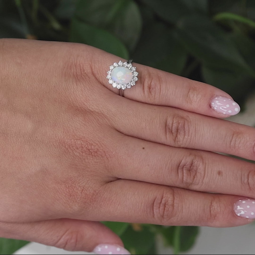 Oval Opal Diamond Halo Ring 14K White Gold 1.95 CTW Size 5 Ladies Estate