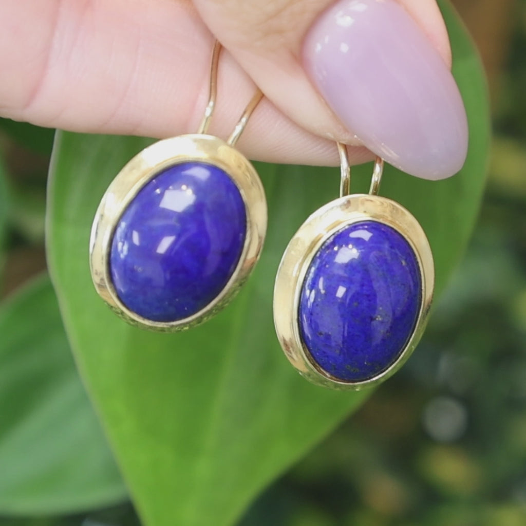 Natural Lapis Lazuli Cabochon Earrings 14K Yellow Gold Clip On Vintage