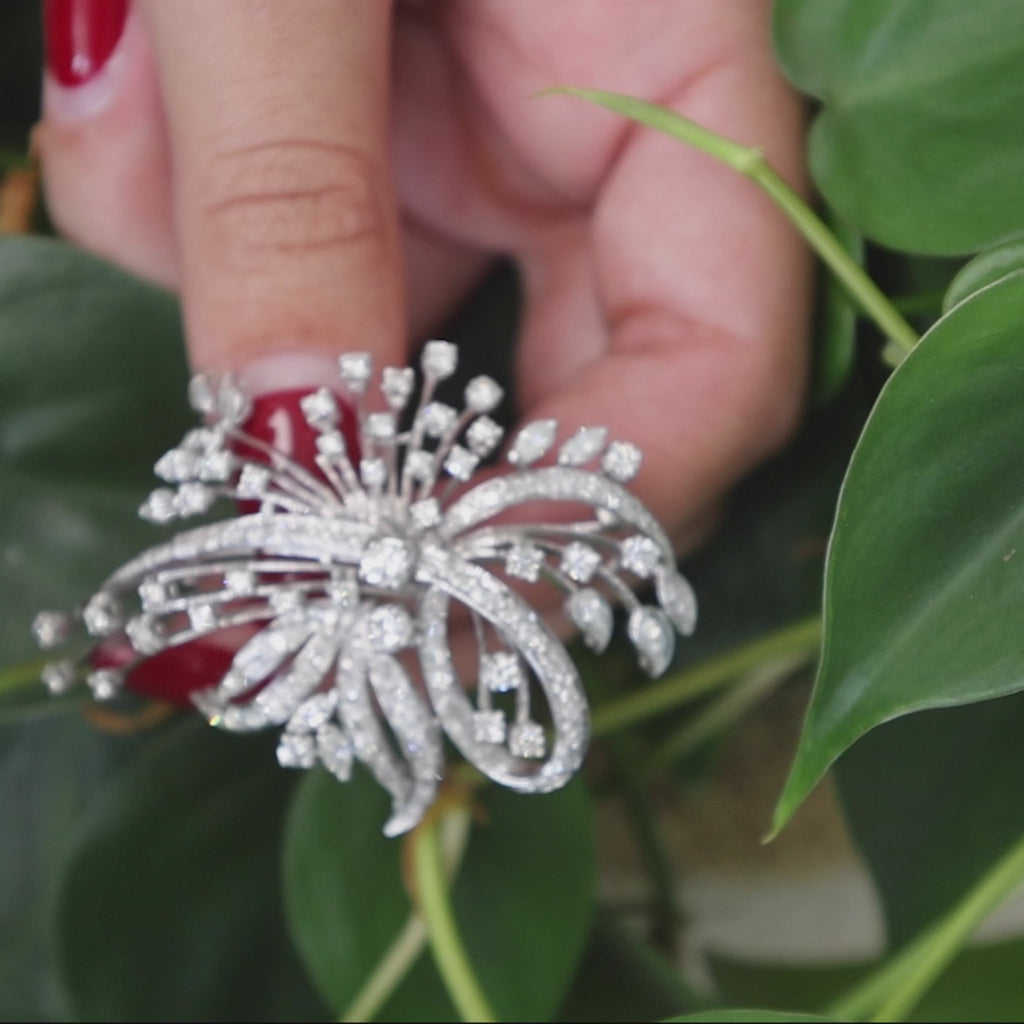 Floral Diamond Brooch Pin Pendant 14K White Gold 3.50 TW Starburst 2.15"