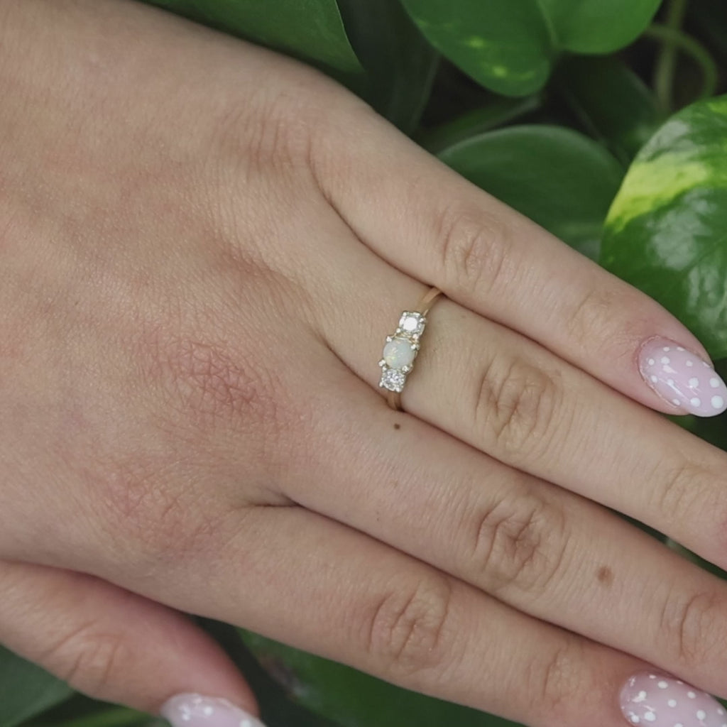 Opal Diamond Cocktail Ring 14K Yellow Gold 0.37 CTW Size 6.75 Ladies Estate