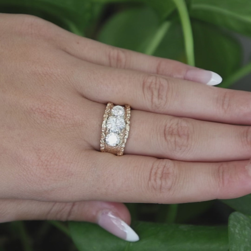 14K Two Tone Gold 3 Stone Diamond Ring 1.70CTW Wide Band Natural Diamonds Size 5