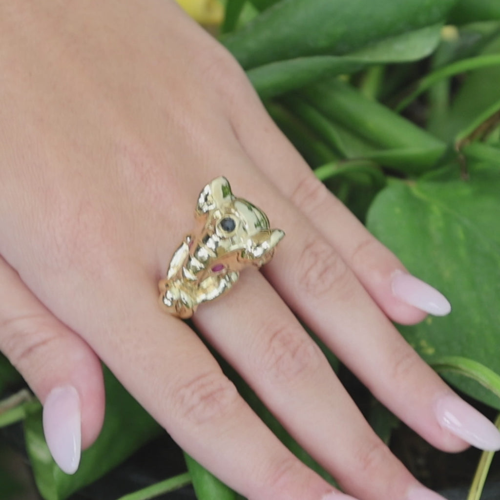 14K Yellow Gold Elephant Head Ruby Sapphire Statement Ring Size 8 Estate