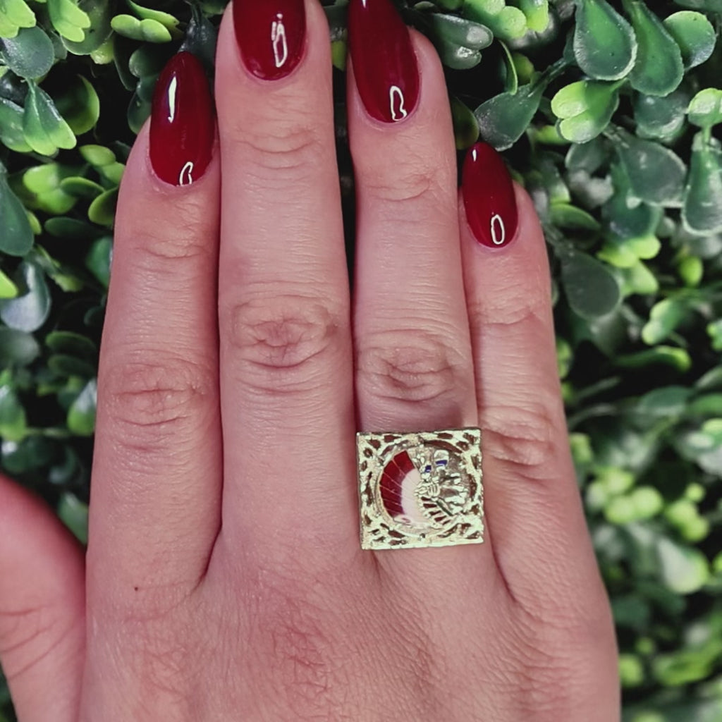 Enamel Indian Head Filigree Statement Ring 18K Yellow Gold Size 5.75 Unisex
