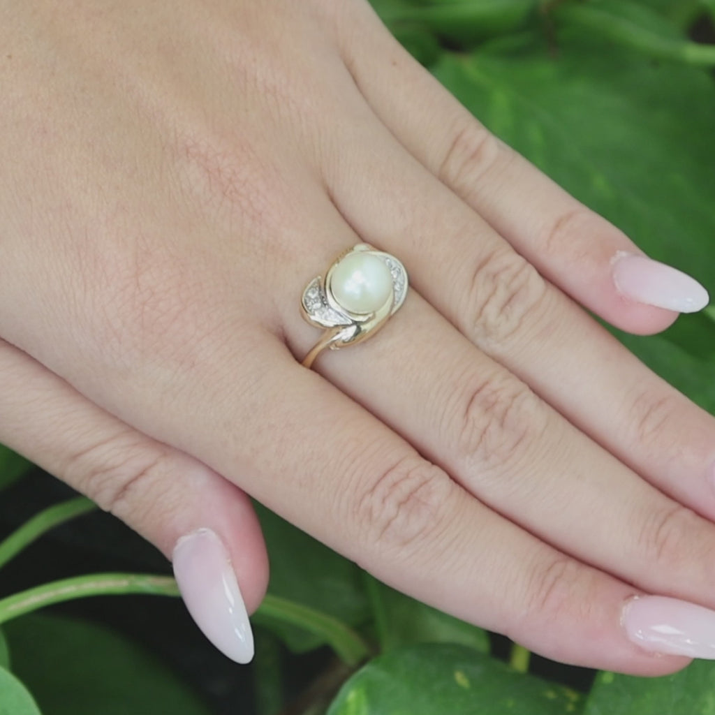 Akoya Pearl Diamond Bypass Ring 14K Two Tone Gold Vintage Size 6