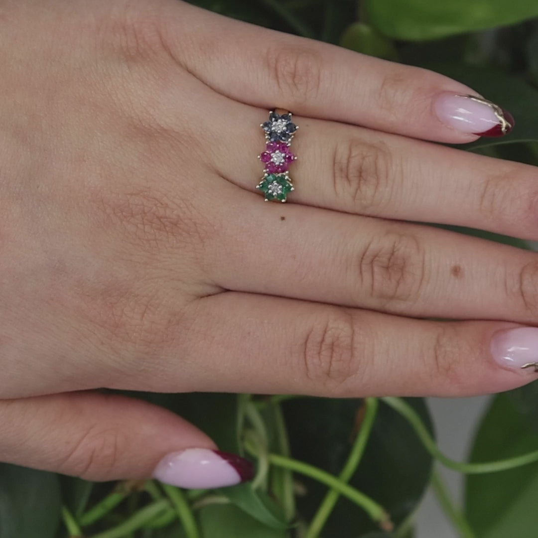 Multi Colored Gemstone Diamond Floral Band Ring 14K Gold 0.78 CTW Size 6.75