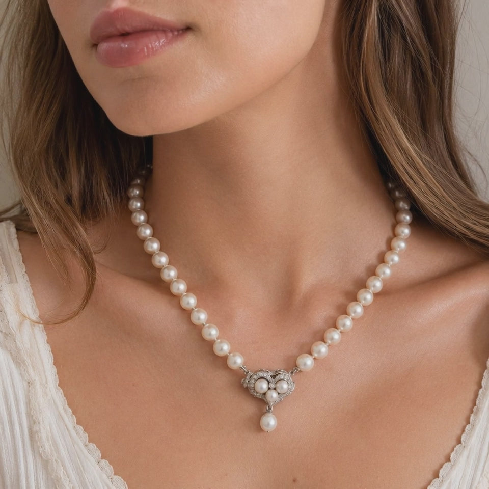 Cultured Akoya Pearl Necklace 14K White Gold Diamond Heart Clasp 7mm 0.33CTW