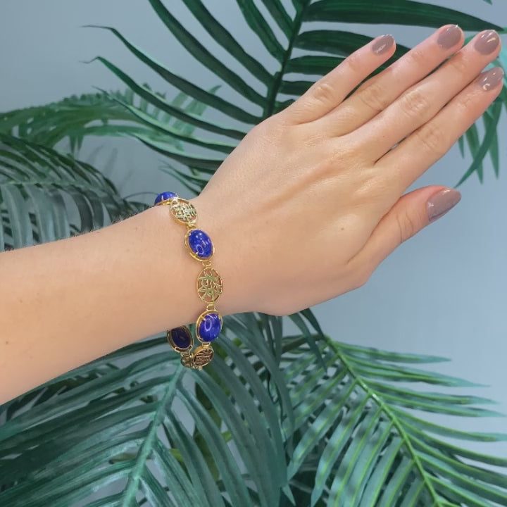 Lapis Lazuli Best Wishes Chinese Bracelet 14K Yellow Gold 7.5" Estate