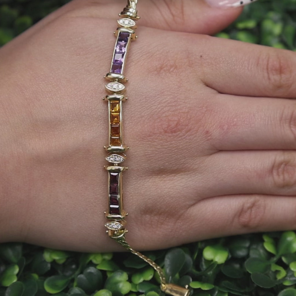 Multi Gemstone Station Curb Link Bracelet 18K Yellow Gold 4.30 CTW Size 6.5"