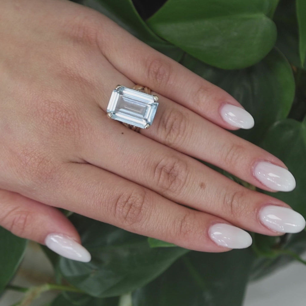 Emerald Cut Blue Topaz Cocktail Solitaire Ring 10K Yellow Gold 23.52 CT Size 5.5