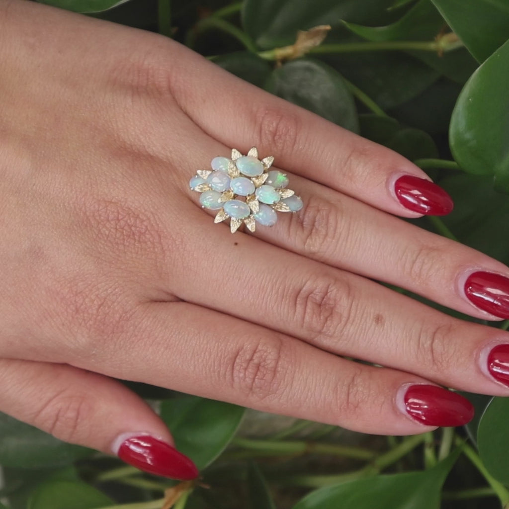 Vintage White Opal Floral Ring 14K Yellow Gold 3.08 CTW Size 7 Ladies Estate