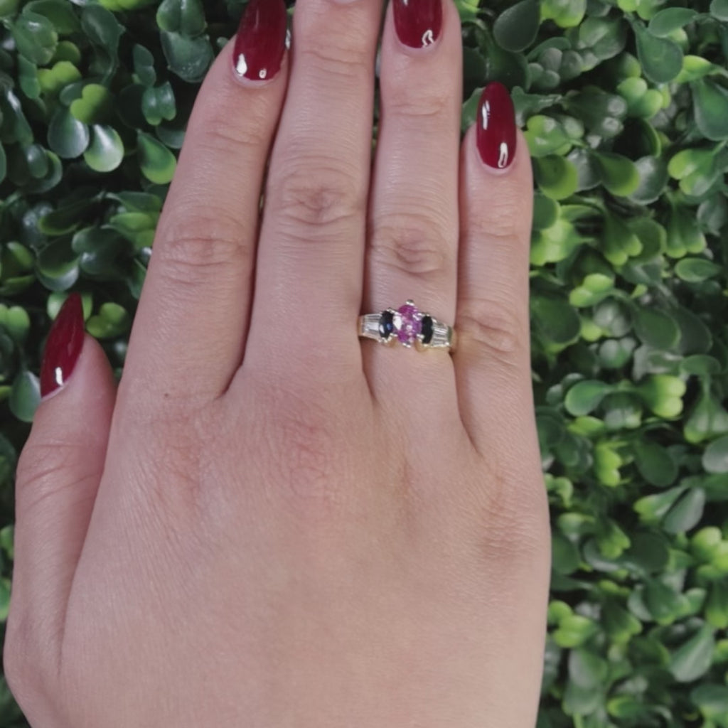 Pink And Blue Sapphire Diamond Accent Cocktail Ring 14K Gold 1.46 CTW Size 6
