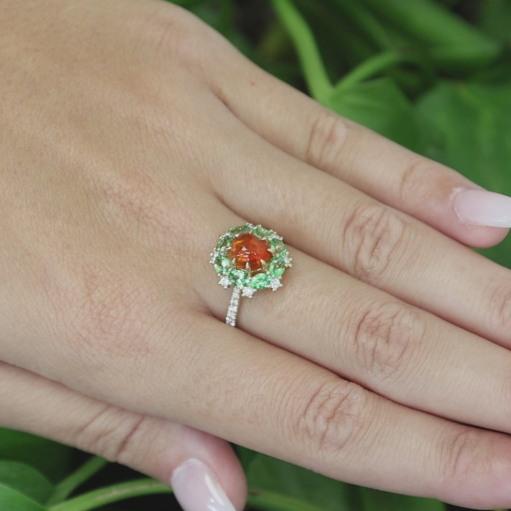 The Wind Opal Fire Opal Tsavorite Diamond Engagement Ring 18K Gold Size 5.25