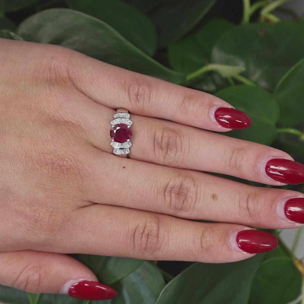 Ruby Solitaire Diamond Accent Cocktail Ring 18K White Gold 2.90 TW Size 6.75