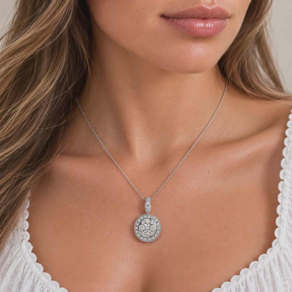 Vintage White Gold 2.00CTW Natural Diamond Cluster Halo Pendant Chain Necklace