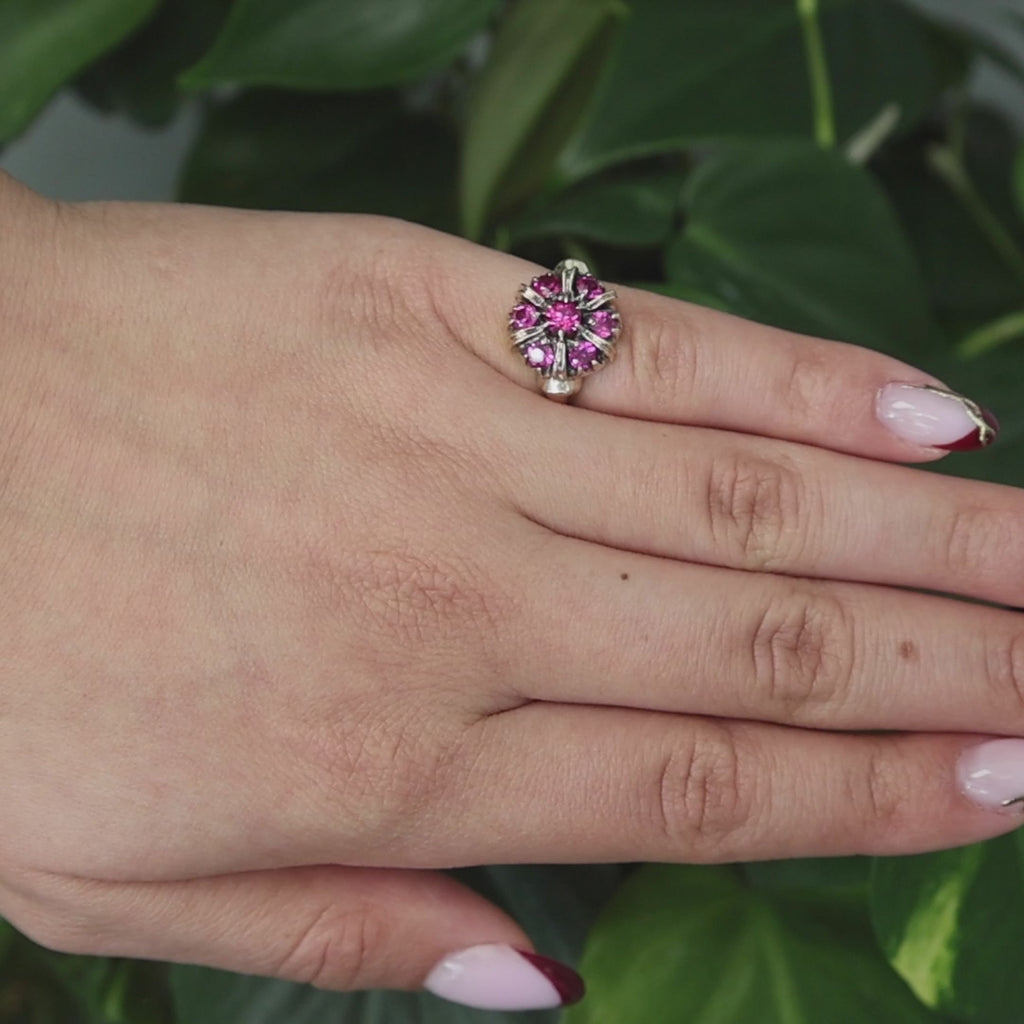 Ruby Floral Cocktail Ring 10K Yellow Gold 1.25 CTW Lab Grown Size 3.75