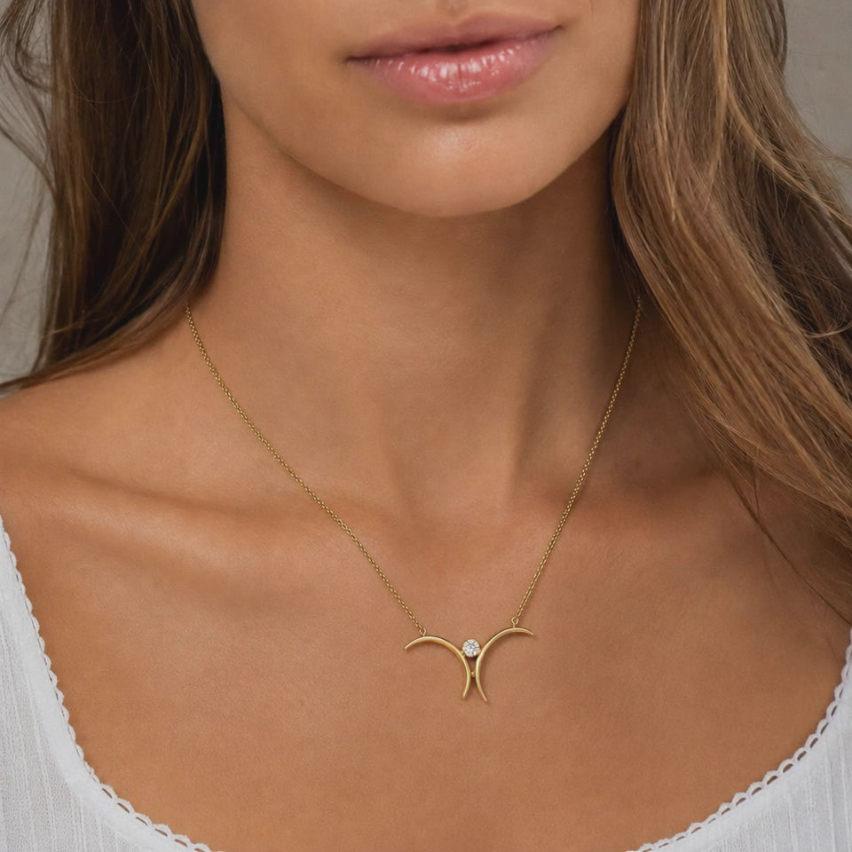 Korifidis Diamond Double Crescent Necklace 14K Yellow Gold 0.45 CT 18" Vintage