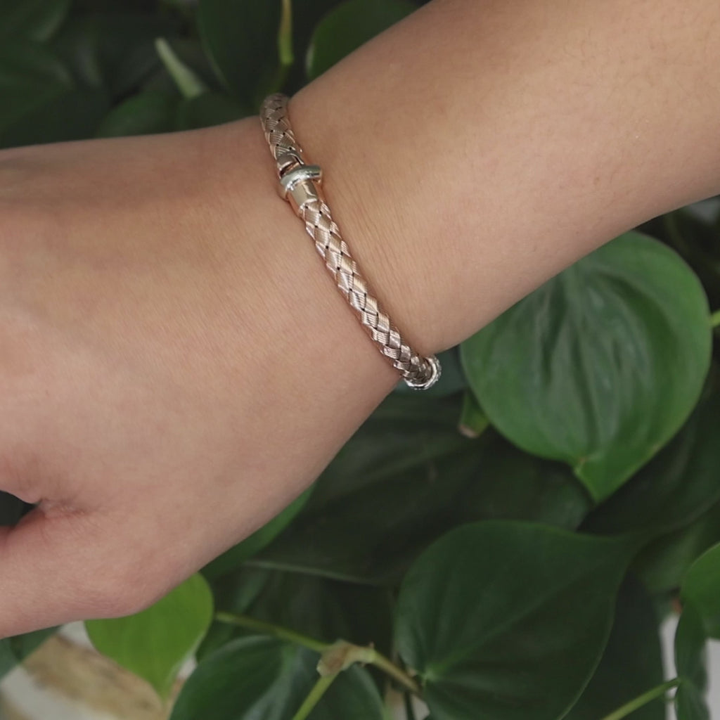 14K Rose Gold Woven Silk Basket Weave Diamond Bangle Bracelet Ladies 6.25"