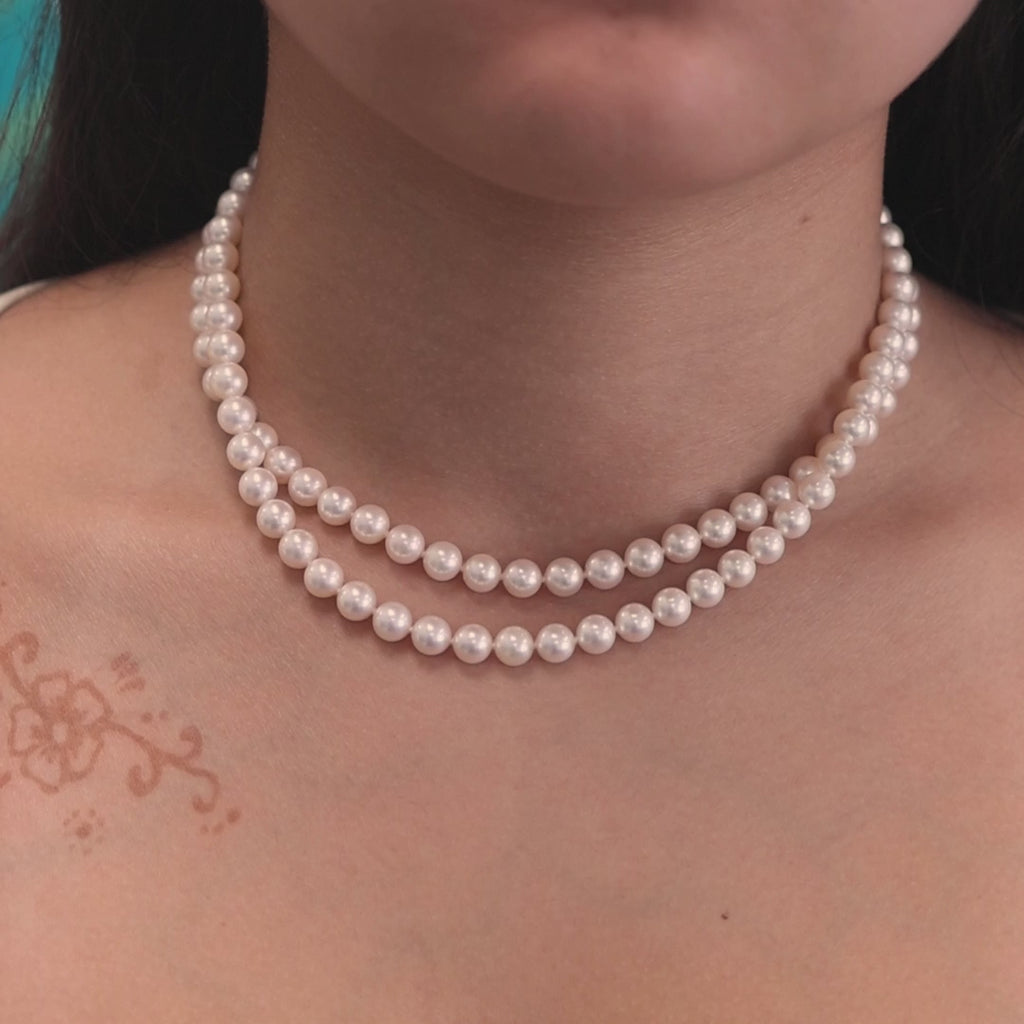 MikiMoto 2-Strand Akoya Pearl Necklace 18K Yellow Gold Clasp 17" Ladies Estate