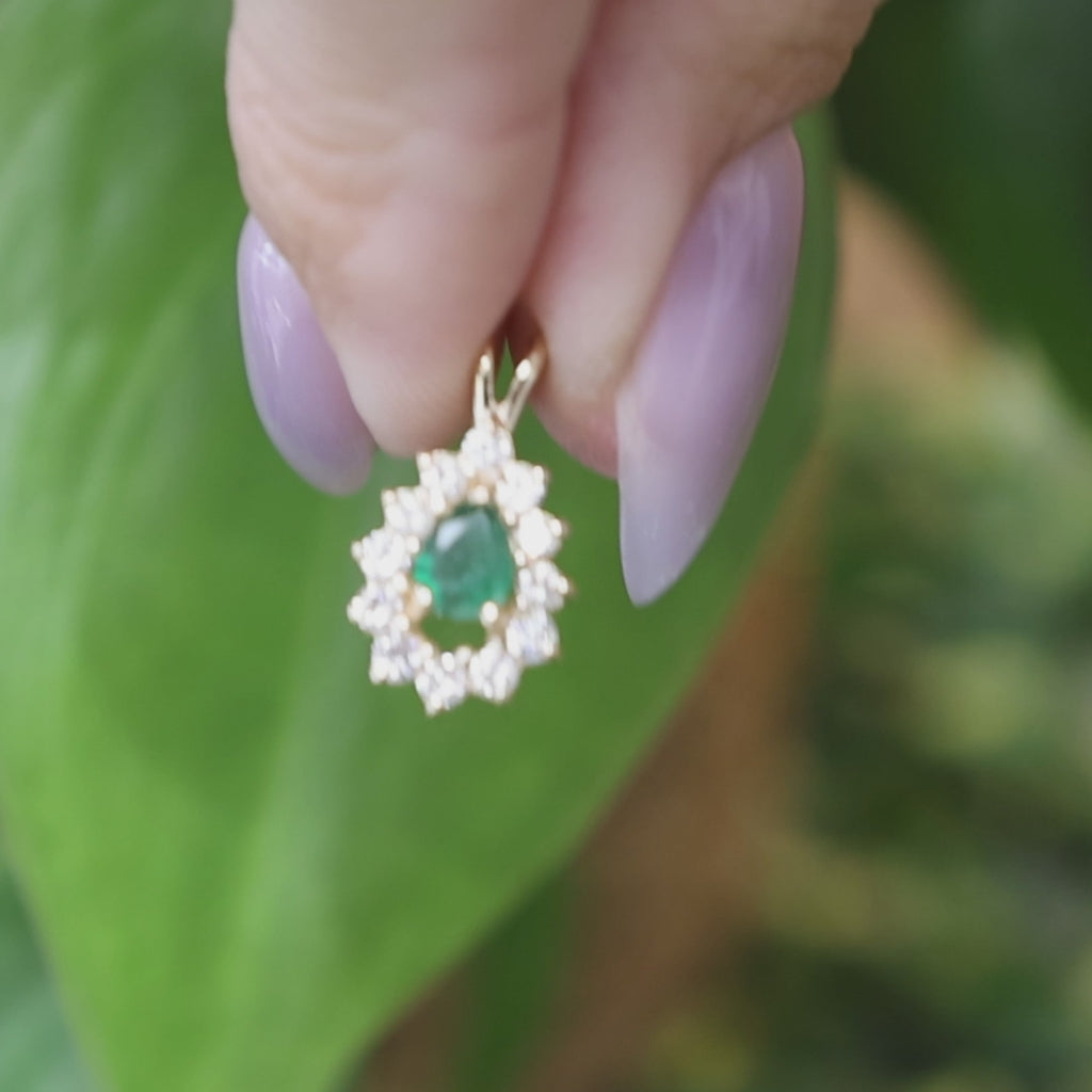 Natural Emerald Halo Diamond Pendant 14K Yellow Gold 0.75 CTW Pear Cut