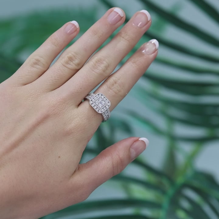 Cluster Diamond Square Halo Ring 10K White Gold Round Baguette Diamond Size 7.25