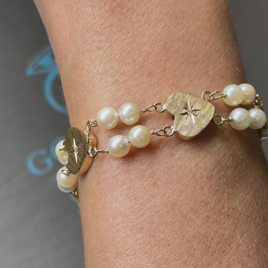 Vintage Yellow Gold Akoya Pearl Diamond Heart Link Bracelet 7" 16.1g Estate