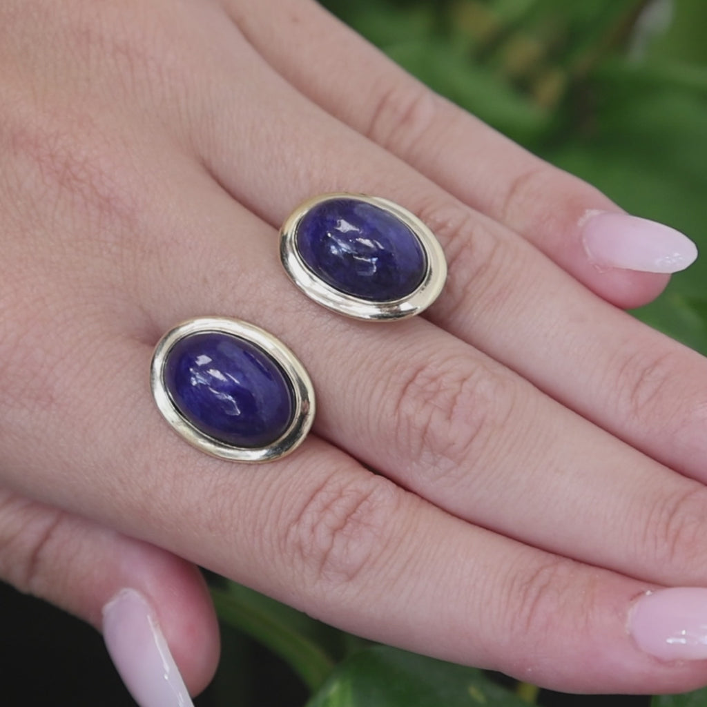 14K Yellow Gold Oval Lapis Lazuli Bezel Stud Earrings Estate Blue Gemstone
