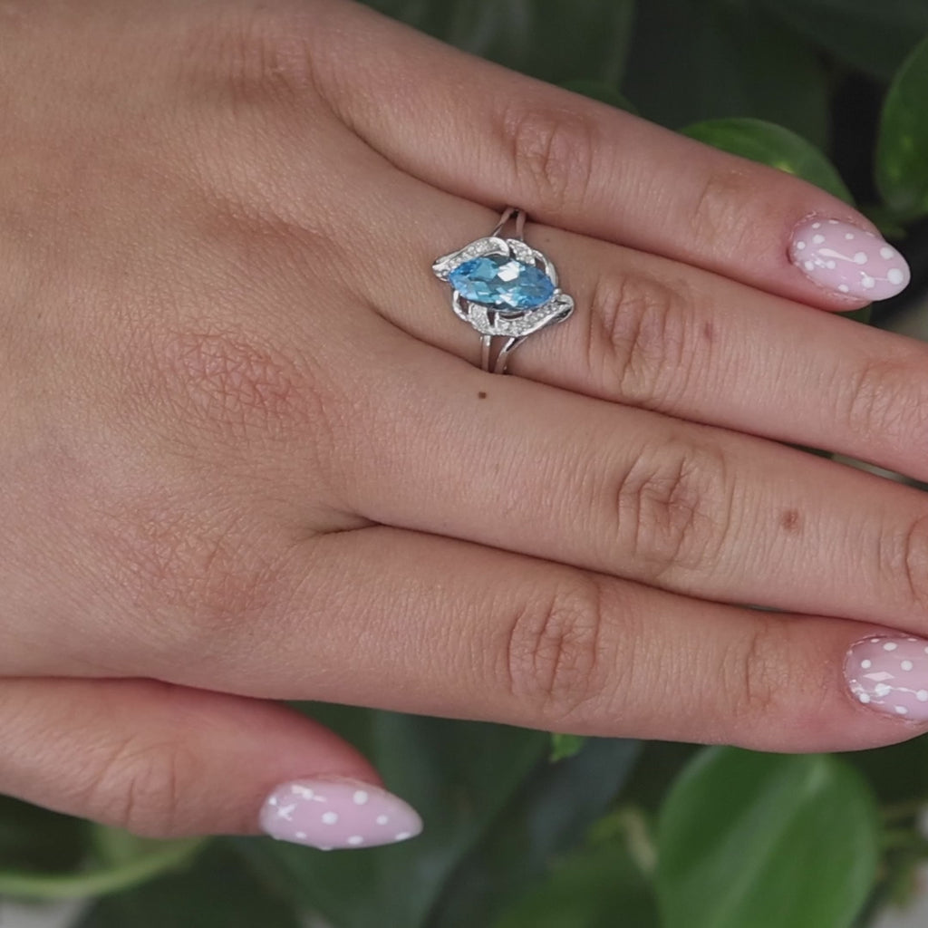 Solitaire Marquise Blue Topaz Diamond Accent Ring 14K White Gold 2.10 CTW Size 7