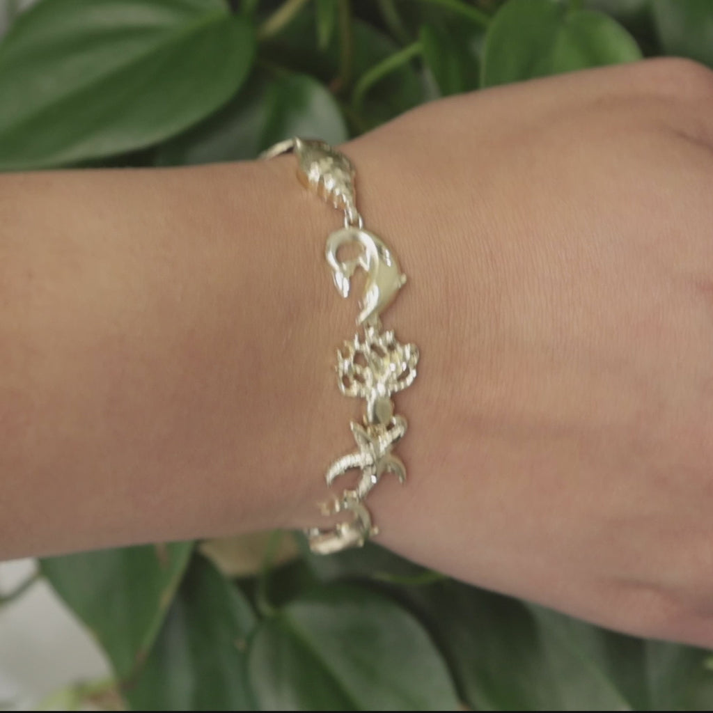 Sea Life Charm Link Bracelet 14K Yellow Gold Nautical 7" Ladies Estate