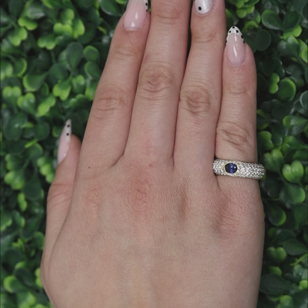 Blue Sapphire Cluster Diamond Wide Band Ring 18K Yellow Gold 2.35 CTW Size 6.25