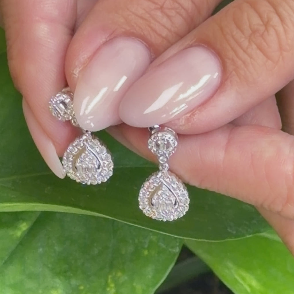 Natural Diamond Teardrop Dangle Earrings 10K White Gold 1.35 CTW Round Baguette