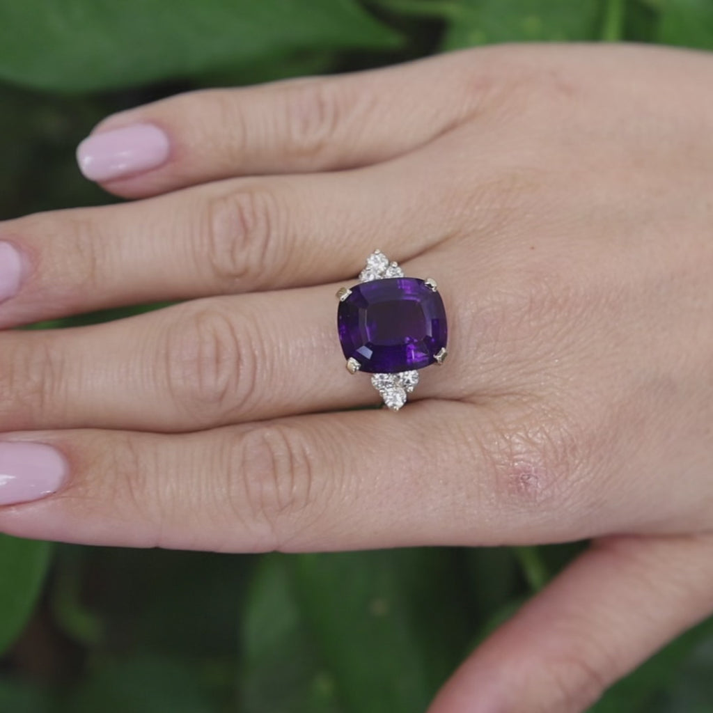 14K Yellow Gold 12.90CTW Antique Cushion Cut Amethyst Diamond Ring Size 9 Estate