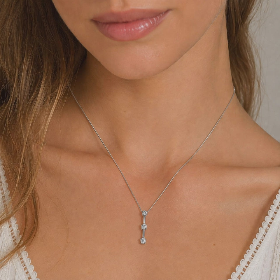 14K White Gold 0.21CTW Natural Diamond 3-Stone Journey Pendant Necklace 17"