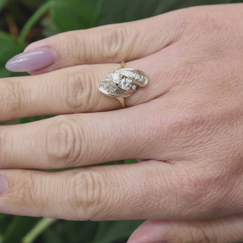 14K Two Tone Gold 0.61CTW Natural Old European Cut Diamond Bypass Ring Size 4.75