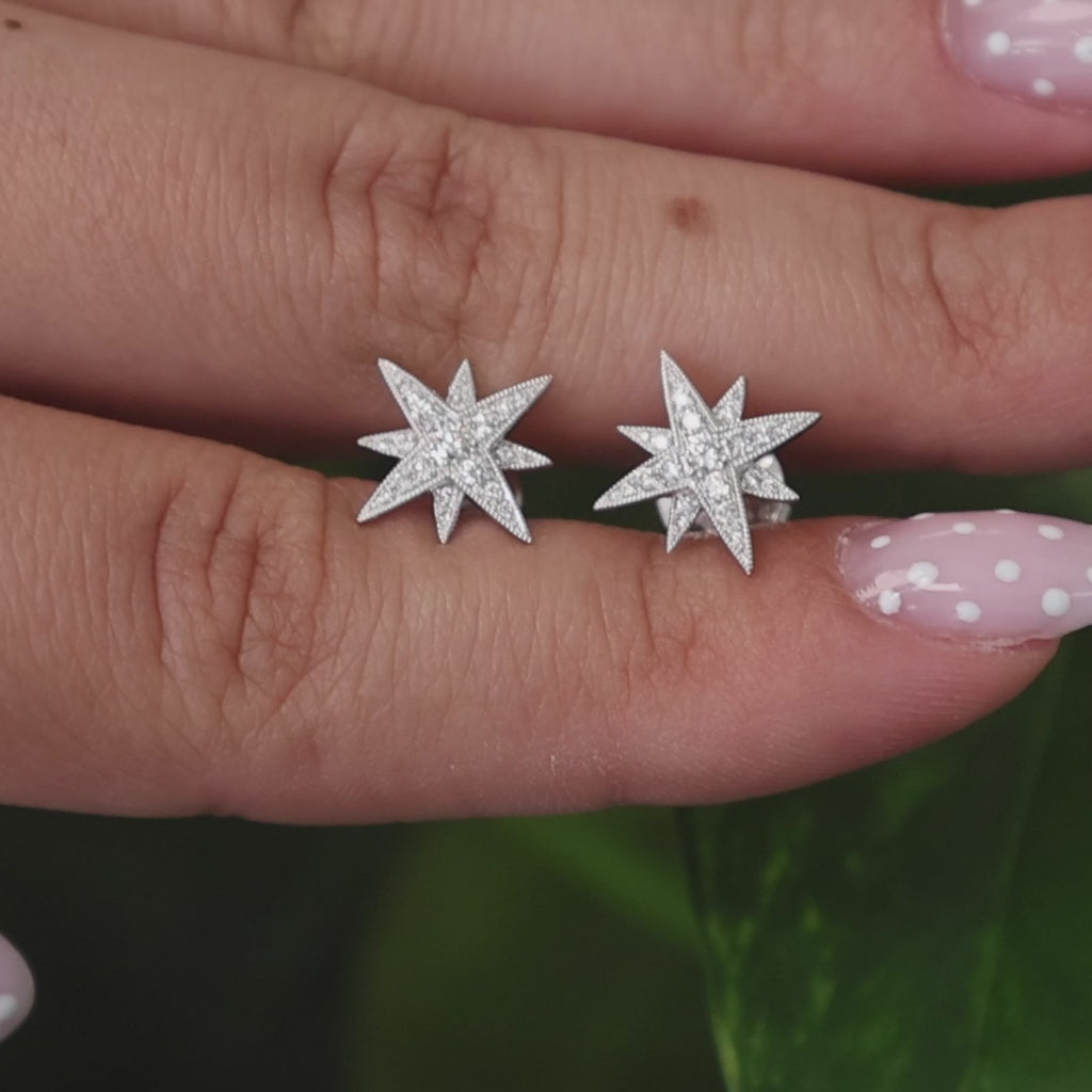 Diamond Starburst Stud Earrings 18K White Gold 0.45 TW 0.50" Estate