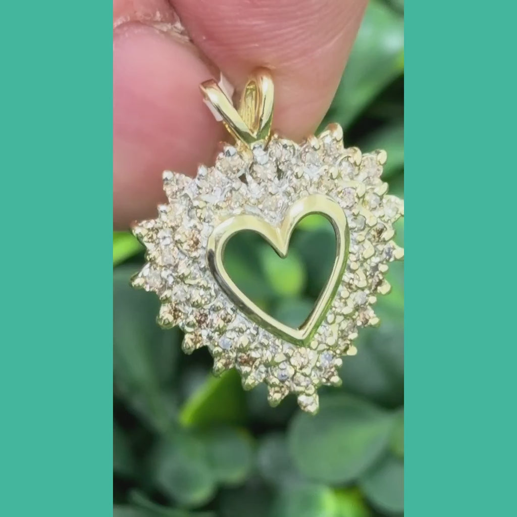 Diamond Open Heart Pendant 14K Yellow Gold 1.00 TW Triple Halo Setting 1" Estate