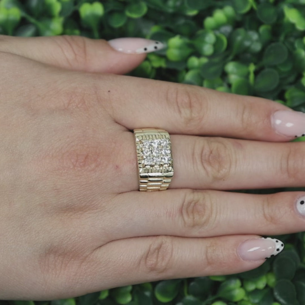 Mens Diamond Square Ribbed Ring 14K Yellow Gold 1.00 TW Size 10.25 Estate