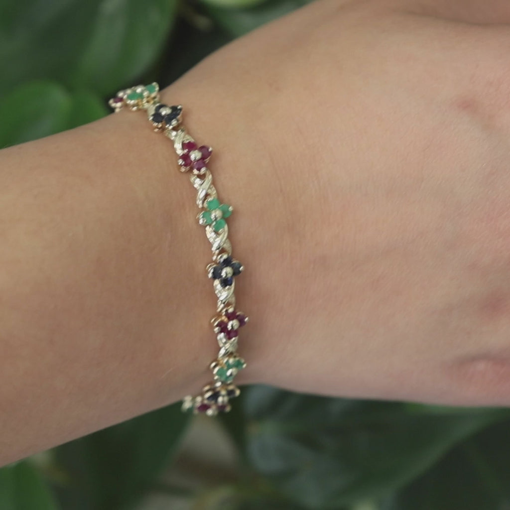 Floral X Link Bracelet Sapphire Ruby Emerald 14K Yellow Gold 4.72 CTW 7.5"
