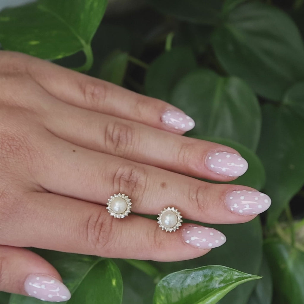 Freshwater Pearl Halo Diamond Floral Stud Earrings 14K Yellow Gold 0.40" Ladies